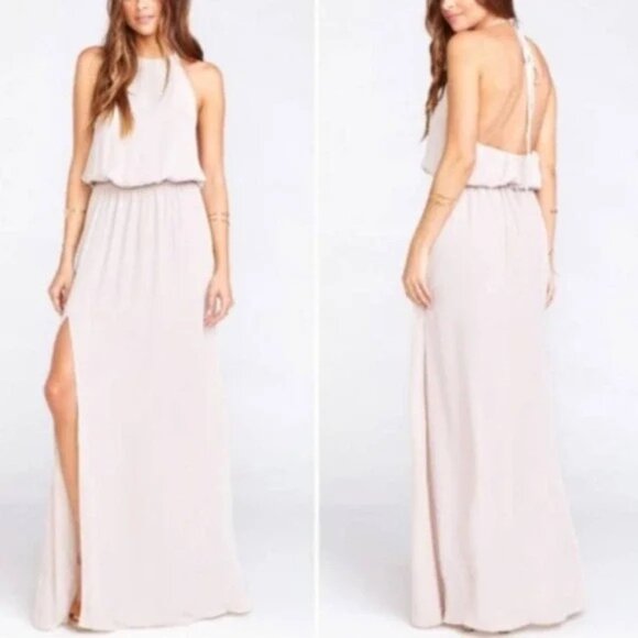 Show Me Your MuMu Dresses & Skirts - Show Me Your MuMu Heather Crisp Halter Slit Open Back Bridesmaid Maxi Dress L